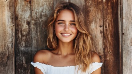 Naklejka premium Smiling Woman in Front of Wooden Wall on wooden background