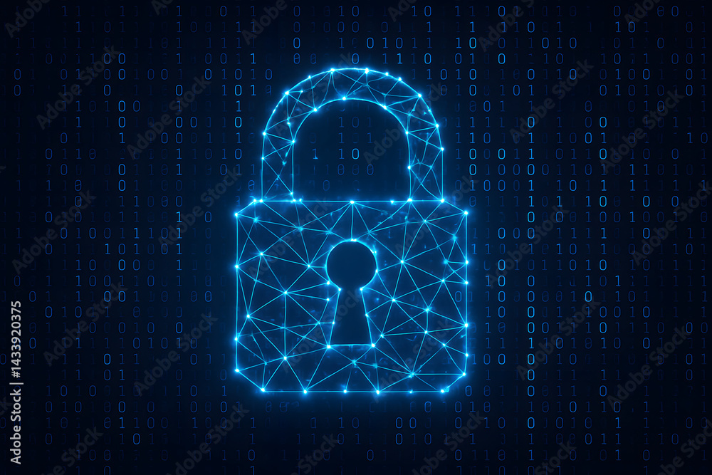 Poster cybersecurity lock: abstract glowing blue padlock icon with a keyhole, formed from interconnected no