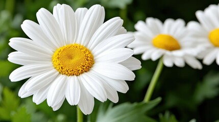 Fototapeta premium Close-up view of a white daisy flower featuring vibrant floral background and detailed focus on petals, showcasing delicate beauty of nature in high-resolution quality