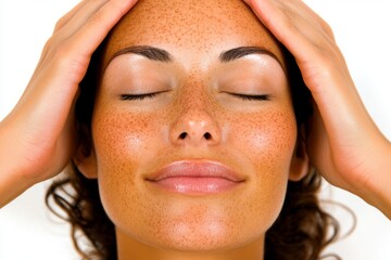 Fototapeta premium A woman is shown in close-up applying moisturizing cream to achieve soft skin, set against a plain white background, symbolizing beauty and cosmetology
