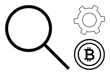 Magnifying glass, gear, and Bitcoin icon suggesting exploration, cryptocurrency, or blockchain mechanisms. Ideal for data analysis, fintech, blockchain, cryptocurrency research exploration simple