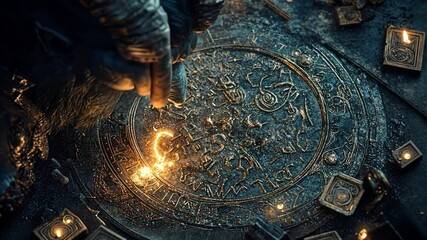 Mystical Symbols and Ancient Runes Illuminated by Ethereal Light on Old Stone Surface