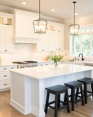 Bright, airy kitchen with white cabinetry, a large center island, and black stools  Natural light streams in from a large window