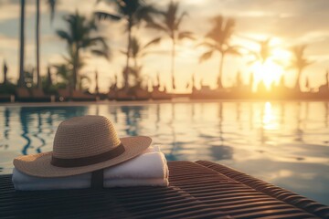 Relaxing poolside scene at sunset with a straw hat and towel, palm trees in the background