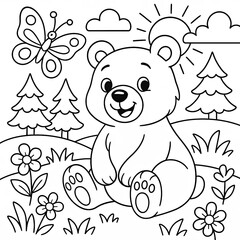 Cute Cartoon Bear in a Sunny Meadow with Flowers and Butterfly
