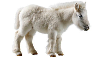 Enchanting Foal: A serene image captures a cute white foal in full view, exuding an aura of pure innocence and gentle curiosity.  Its fluffy coat gleams.