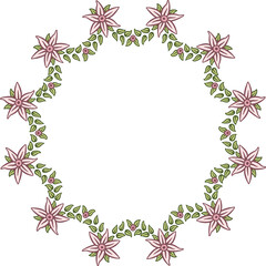 Circular garland with flowers and leaves. Illustration made with a garland of flowers and leaves on a white background creating a circular border.