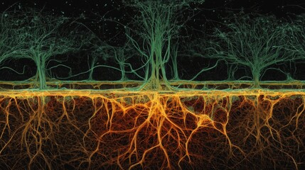 Abstract illustration of trees with interconnected roots, underground network concept. Perfect for ecology, science, and environmental themes.