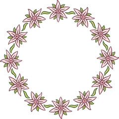 Circular garland with pink flowers. Illustration made with flowers on a white background creating a circular border.