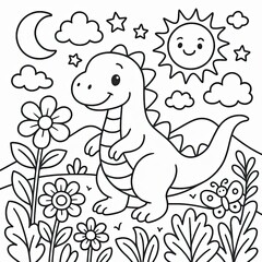 Cute Cartoon Dinosaur in a Flower Garden at Night