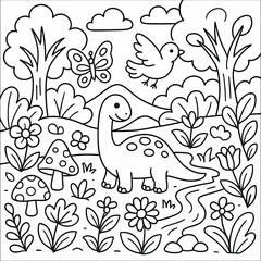 Cute Cartoon Dinosaur in a Flowery Forest Illustration