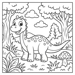 Cute Cartoon Dinosaur in a Forest Coloring Page
