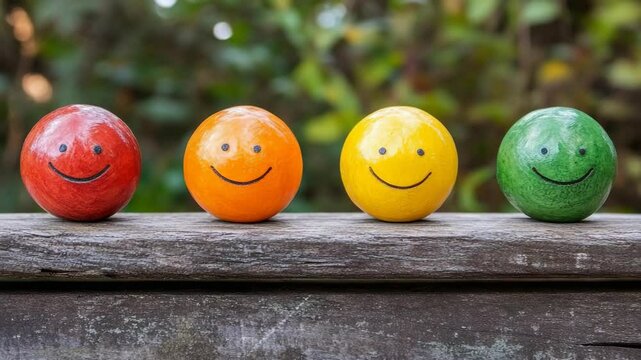 Four brightly colored balls with smiling faces sit in a row, red, orange, yellow, and green on a weathered wooden surface