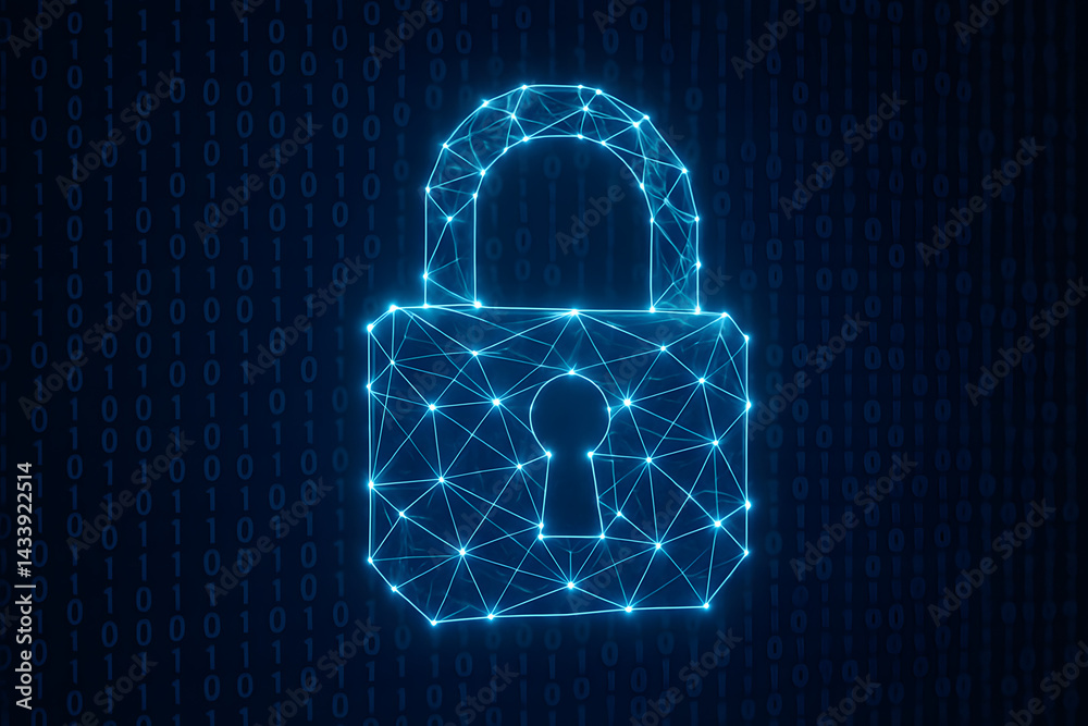 Poster cyber security: a stylized digital padlock, composed of interconnected points and lines, glows again