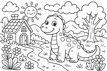 Cute Cartoon Dinosaur in a Sunny Landscape