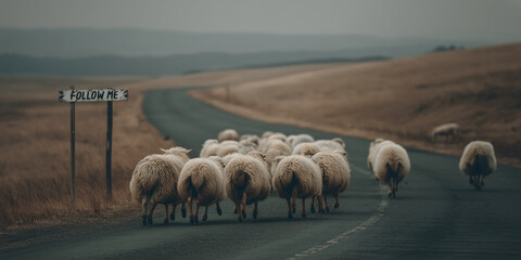 Flock of sheep walking on road, following "Follow me" sign, showcasing unity and guidance concept
