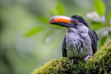 Colorful toucan perched on mossy branch rainforest canopy