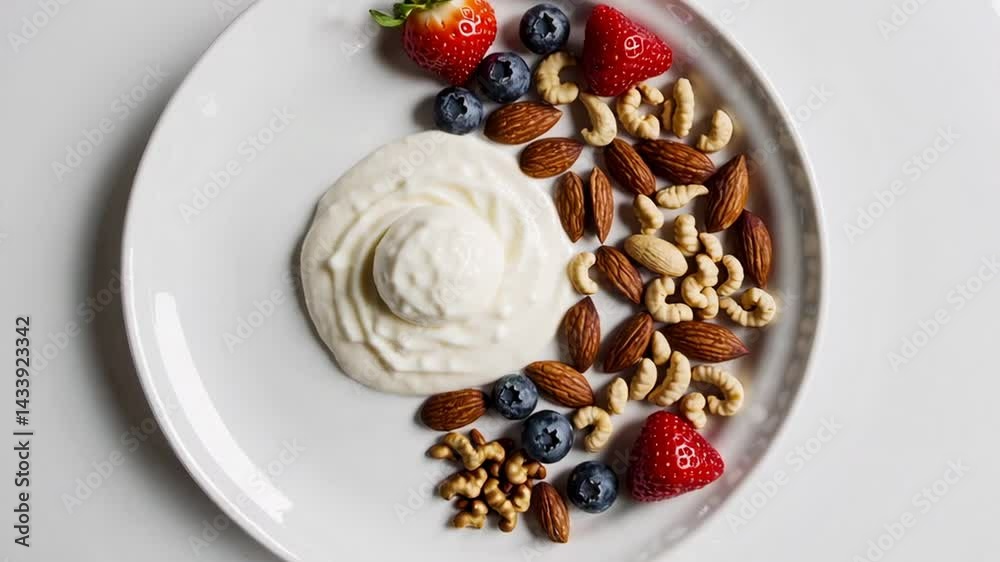 Poster Yogurt plate with scattered nuts and fresh berries arranged in semi circular pattern, creating dynamic stop motion animation sequence on pristine white background