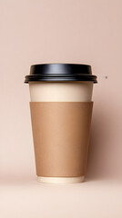 A coffee cup with a lid and a brown sleeve sits on a white background