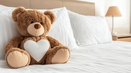 Fototapeta premium A soft teddy bear adorned with a heart detail sits gently on a freshly made bed, soaking in the warm morning light of a cozy bedroom