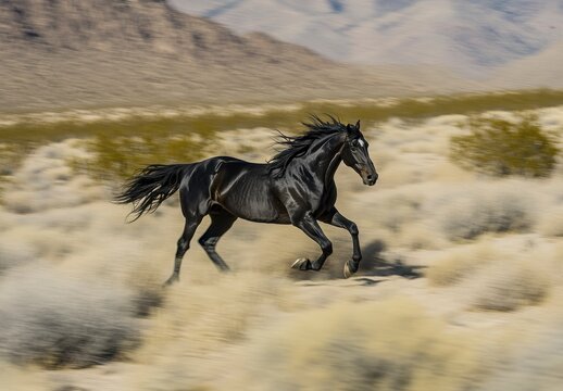 Black Horse Running in Desert Landscape