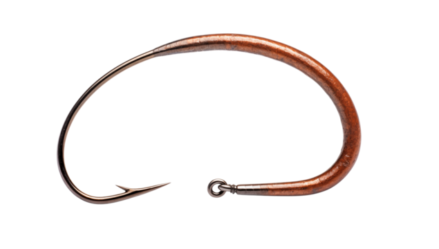 A close up studio shot of a single curved metal fishing hook against a transparent background plain backdrop png
