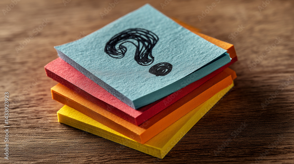 Aufkleber Stack of colorful sticky notes, top one displaying a question mark, on wood surface, symbolizing questions, decisions, problem-solving