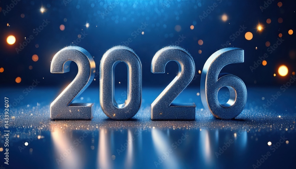 Poster metallic 2026 new year numbers with sparkling lights and bokeh effect for web design, branding, and holiday print media graphics, 3d render texture