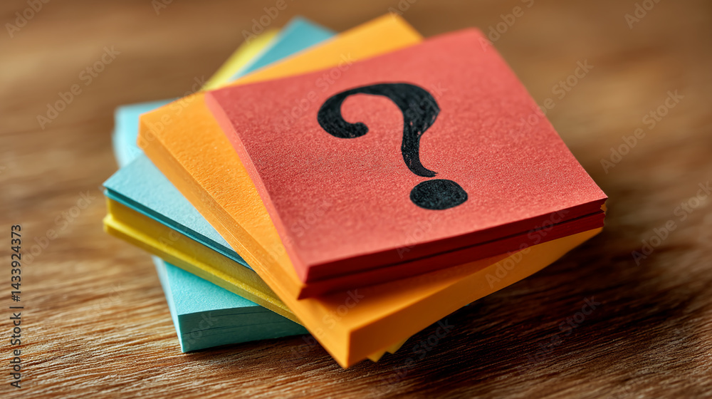 Aufkleber close-up of colorful sticky notes stacked, featuring a question mark, symbolizing inquiry, problem-s