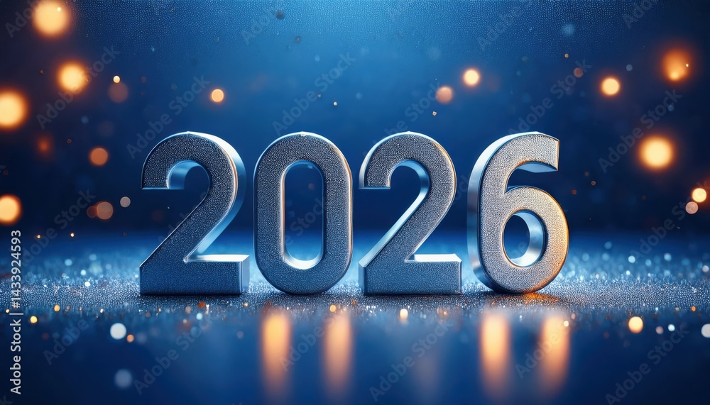 Poster metallic 2026 new year numbers with sparkling lights and bokeh effect for web design, branding, and holiday print media graphics, 3d render texture