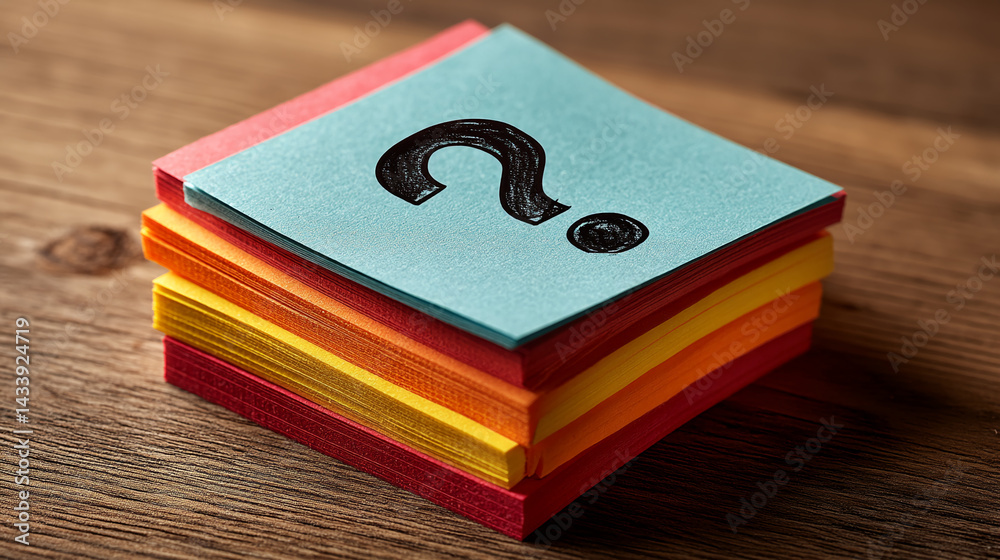 Poster stack of colorful paper notes with question mark, on wooden surface, representing inquiry, uncertain