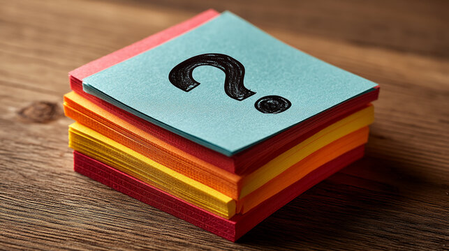 Stack of colorful paper notes with question mark, on wooden surface, representing inquiry, uncertainty, or problem-solving