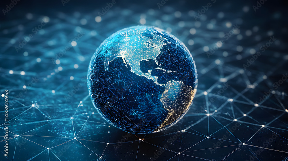 Poster the image of a transparent planet earth is overlaid on a grid defined by dots and lines, utilizing s
