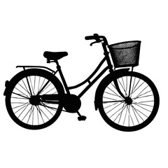 Silhouette of a bicycle with a wicker basket against a white background showcasing simple elegance and functionality for urban commuting