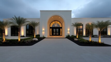 Fototapeta premium Elegant, modern mansion entrance at dusk. Well-manicured landscaping, modern architecture