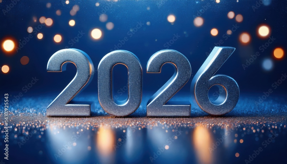 Aufkleber metallic 2026 new year numbers with sparkling lights and bokeh effect for web design, branding, and holiday print media graphics, 3d render texture