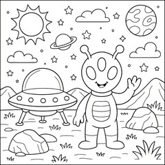 Fototapeta premium Friendly Cartoon Alien Waving Near Spaceship in Space Landscape