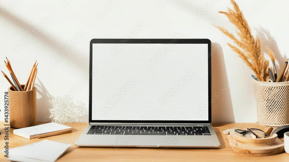 Poster Modern laptop with blank white screen showing different stages of website or app design, placed on wooden desk with stationery and dried flowers in sunlit room