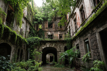 Aged building adorned with abundant green plants on walls.