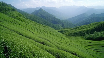 Fototapeta premium Lush green tea fields stretch across rolling hills under a clear blue sky in the mountains during the day