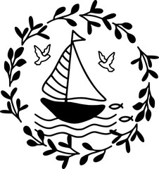 Froral Wreath Communion Ship with Dove Outline Playful Hand Drawn