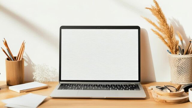 Modern laptop with blank white screen showing different stages of website or app design, placed on wooden desk with stationery and dried flowers in sunlit room