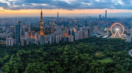 Obraz premium As dusk settles over the city skyline, the illuminated buildings create a stunning backdrop, while a vibrant ferris wheel stands proudly amidst the surrounding greenery