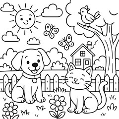 Fototapeta premium Happy Dog and Cat in a Sunny Garden Illustration