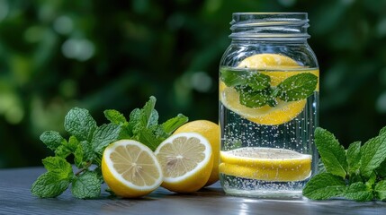 Refreshing lemon mint drink in a glass jar garnished with fresh mint leaves and lemon slices on a wooden table outside