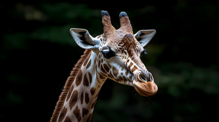 Obraz premium Giraffe Head Portrait Shows Brown And White Patterned Fur With Dark Blurred Background And Natural Light