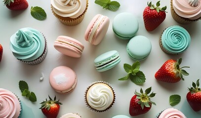 Assorted colorful cupcakes, pastel macarons, fresh strawberries, and mint leaves artfully arranged on a white powdered surface in a soft, natural light flat lay, creating a vibrant sweet dessert mood.