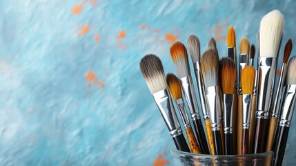 Fototapeta premium Set of paintbrushes arranged in a glass jar with a colorful abstract background in a creative workspace