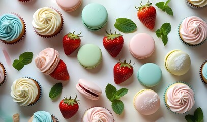 Assorted colorful cupcakes, pastel macarons, fresh strawberries, and mint leaves artfully arranged on a white powdered surface in a soft, natural light flat lay, creating a vibrant sweet dessert mood.
