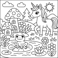 Whimsical Unicorn and Frog in a Fantasy Landscape